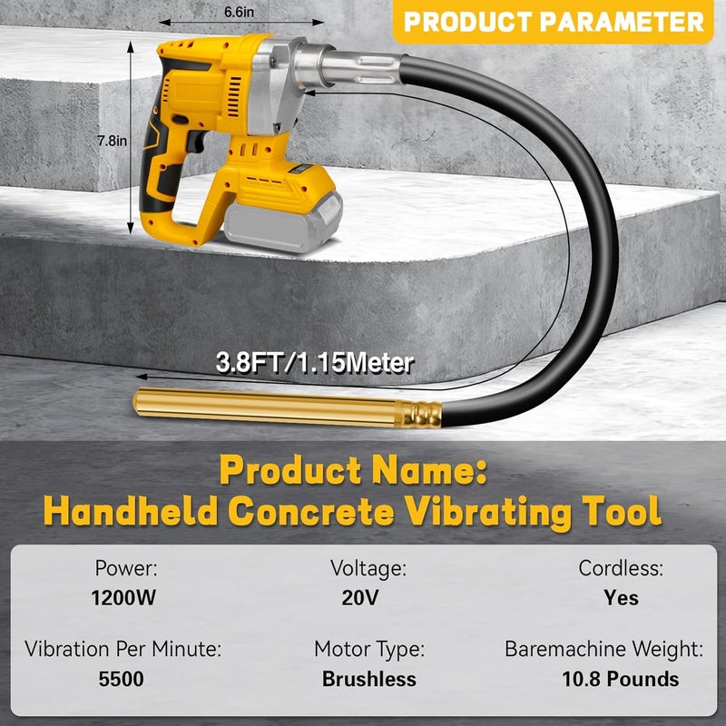 vokoroad Handheld Concrete Vibrating Tool for Dewalt 20V Max Battery, Construction Insertion 5,000VPM Flexible Portable Pencil Cement Vibrator with 3.8FT Shaft Rod, Remove Air Bubble & Mix Concrete(No Battery) - Image 2